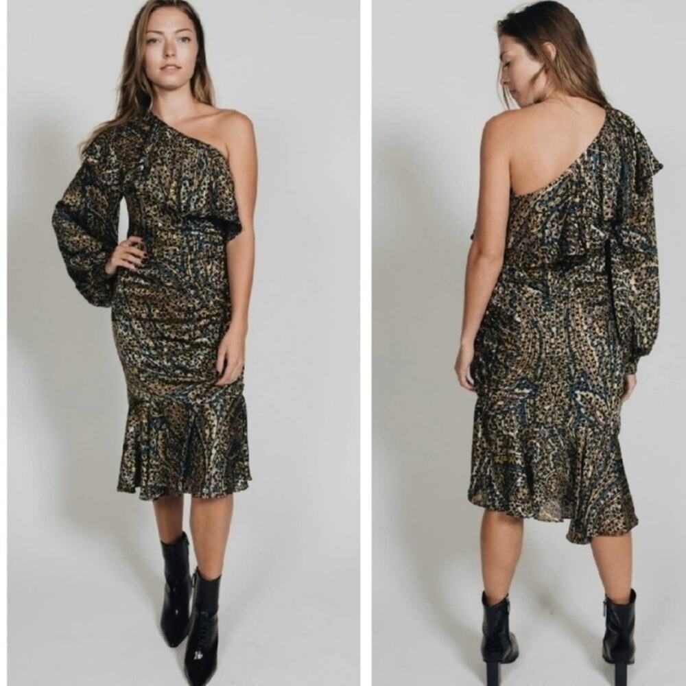 Caballero One Shoulder Ruched Midi Burnout Velvet Dress‎ XS NEW